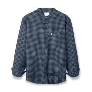 Navy Plaid Band Collar Oxford Shirt