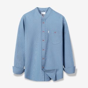Blue Plaid Band Collar Oxford Shirt