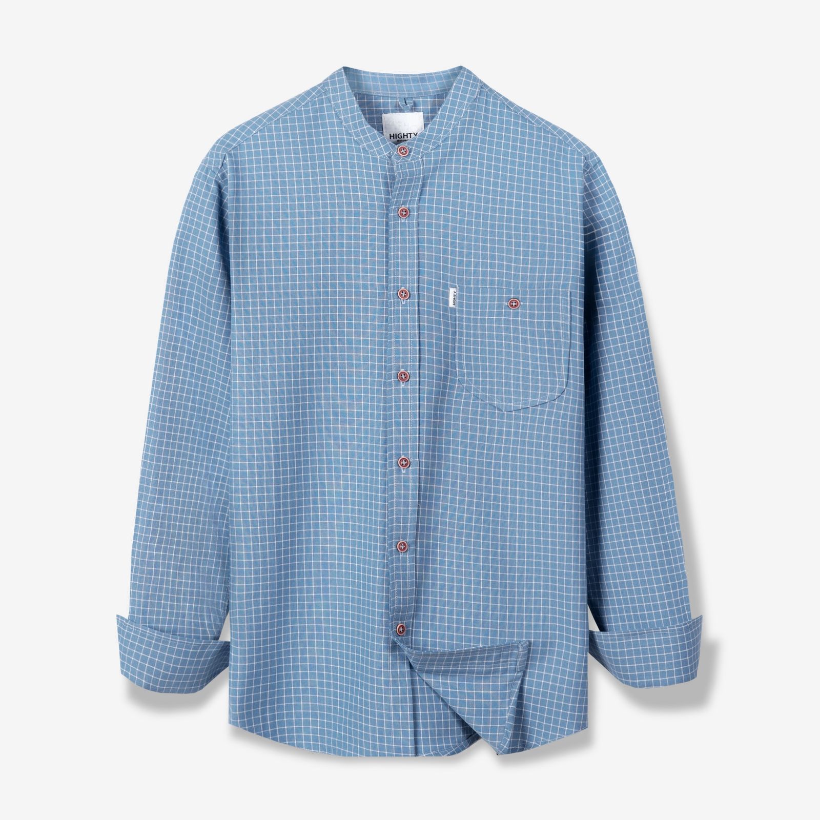 Blue Plaid Band Collar Oxford Shirt