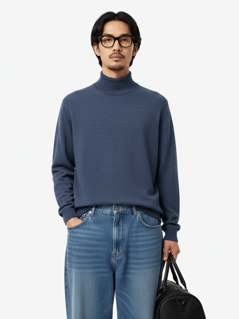 Blue Twotone Knitted Turtle Neck Sweater - Image 4