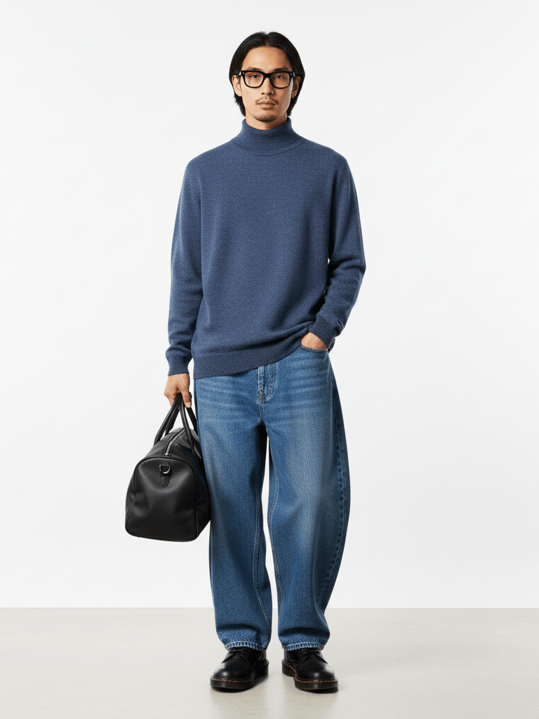 Blue Twotone Knitted Turtle Neck Sweater - Image 3