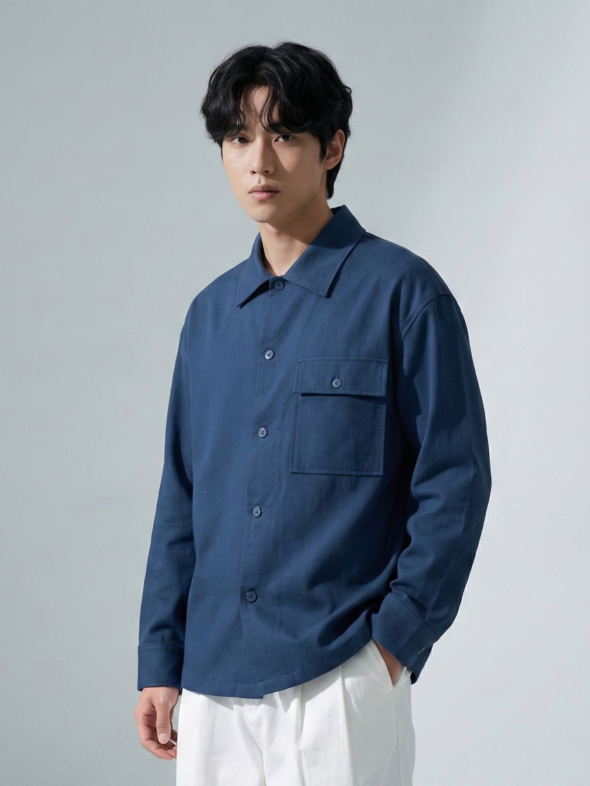 Minimal Blue Twill Overshirt - Image 4